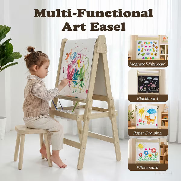 TODECARE Adjustable 3-in-1 Kids Art Easel with Magnetic Whiteboard, Chalkboard, Paper Roll & Storage, Natural