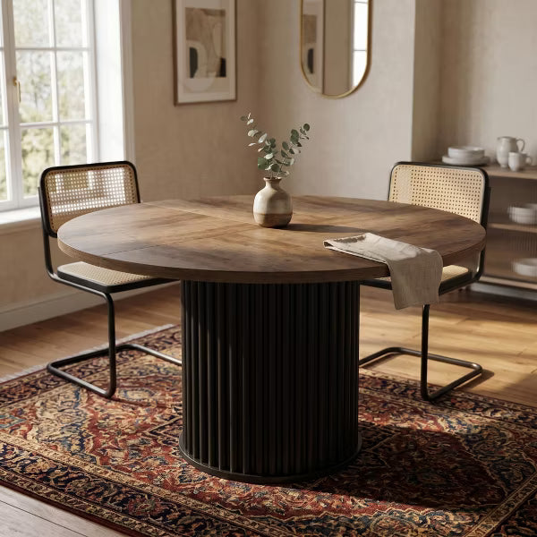 47" Farmhouse Round Dining Table, Rustic Wood Kitchen Table with Modern Black Fluted Pedestal Base for 6 for Dining Room, Walnut