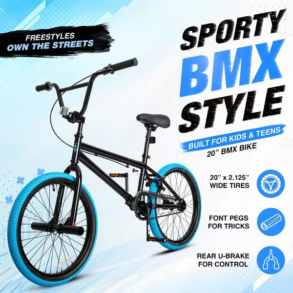 Hykolity Freestyle BMX Bike 20 Inch for Kids Teens Single-Speed Bicycle with High Carbon Steel Frame Rear U-Brake Front Pegs Adjustable Seat, Blue