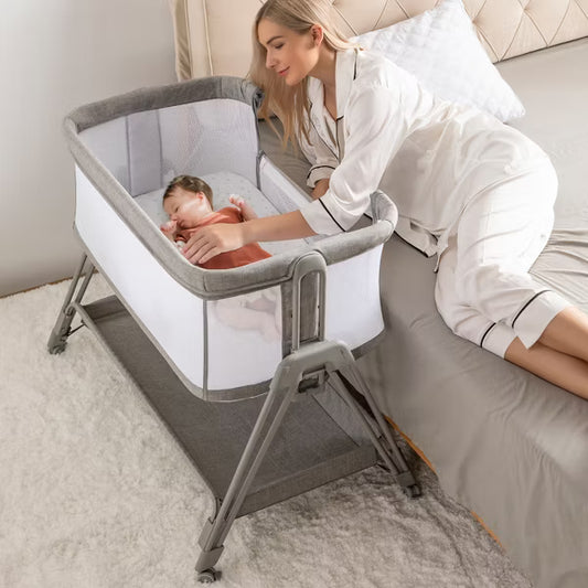 Fodoss Baby Bassinet Bedside Sleeper with Wheels & Storage Tray, Portable Crib for Newborns (GREY)