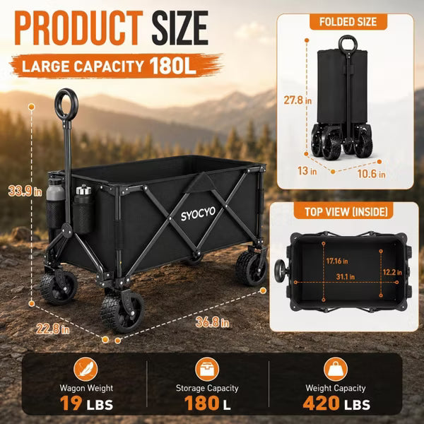 Collapsible Wagon Cart, 420 lb Heavy Duty Foldable Utility Wagon with All-Terrain Wheels