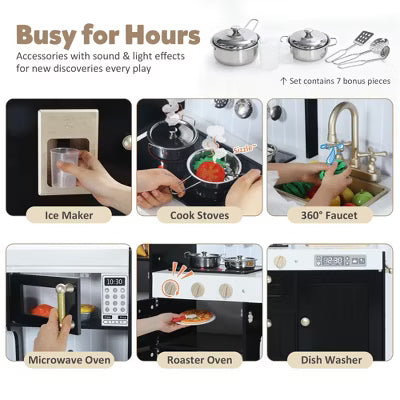 TODECARE Wooden Pretend Play Kitchen Set for Kids with Microwave oven, Ice Maker and Oven, Black