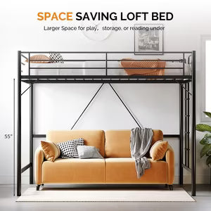 Karl Home Black Loft Bed Queen Size with Flat Rungs for Adults, Kids and Young Teens, No Box Spring Required