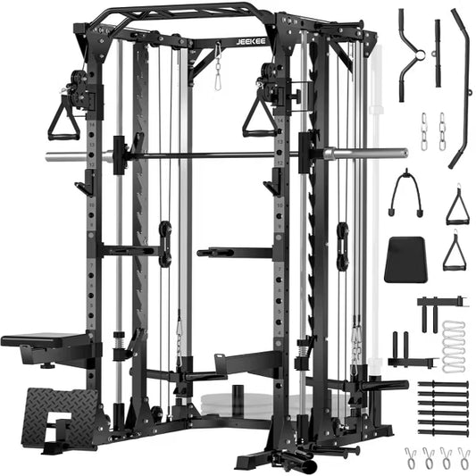 JEEKEE Power Cage 2000lbs Capacity, Squat Rack with Cable Crossover & 20+ Attachments for Home Gym (H12 Plus (With Smith Machine))