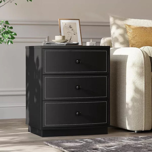 TYBOATLE Nightstand Small Dresser, Modern Black 3 Drawers Nightstand, Wooden Storage Dresser with Faux Leather Finish,Black