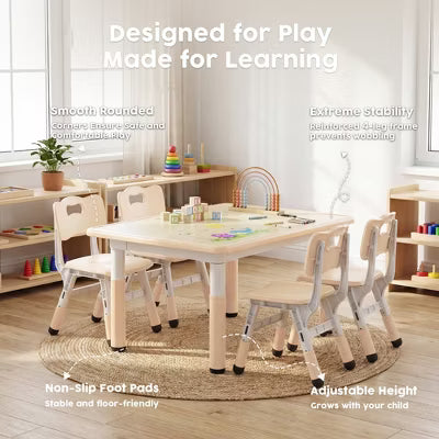 TODECARE Kids Table and 4 Chair Set with Height Adjustable Table & Chairs, and Safe Design, Perfect for Play, Study, and Dining, Natural
