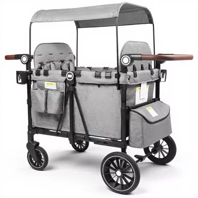 TODECARE 4-Seat Foldable Wagon Stroller with Harnesses, Adjustable Double Push Handle, Canopy, Snack Tray & Storage Bag, Gray