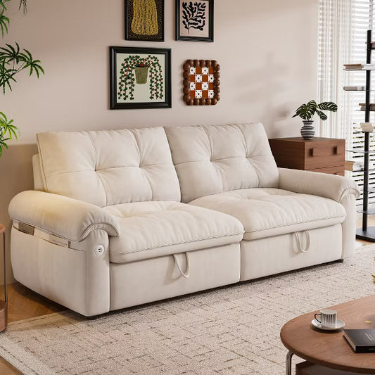 77" Cloud-Fabric Pull Out Sleeper Sofa, 2-in-1 Convertible Loveseat Bed with Storage Pockets - Ivory Cream