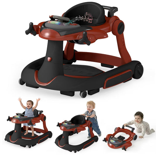 TODECARE 6-in-1 Baby Walker with Adjustable Height, Foldable Design & Speed-Control Wheels, Easy-Clean Seat, Red