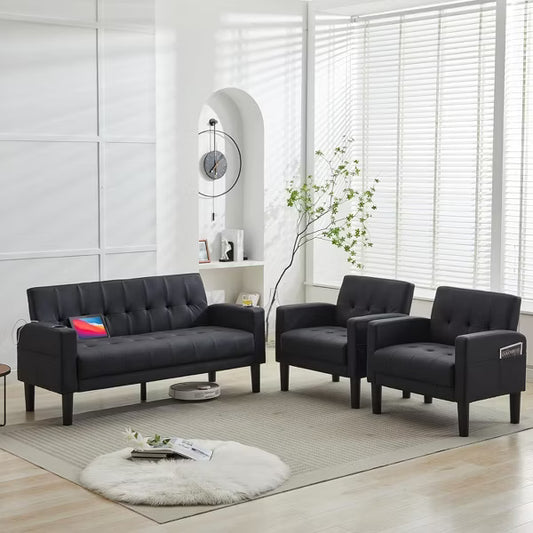TYBOATLE 3-Piece Sofa Couch, Modern Linen Upholstered Sofa, 3-Piece Set (Loveseat & Chair) Sofa with Deep Seats for Living Room,Black