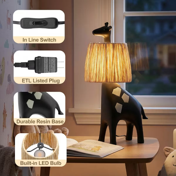 Black Giraffe Resin Base LED Table Lamp with Raffia Shade