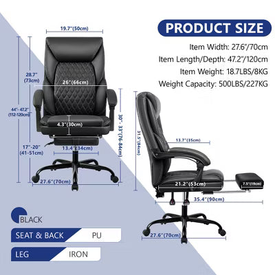 KERDOM Leather Office Chair, Big and Tall Home Office Desk Chairs with Adjustable Padded Headrest Armrest, Black