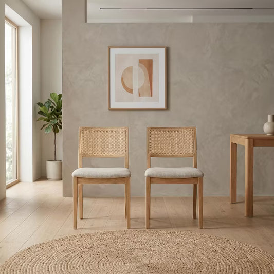 Modern Farmhouse Rattan Dining Chairs Set of 2 - Mid Century Cane Upholstered Kitchen Chairs, Natural Wood Frame