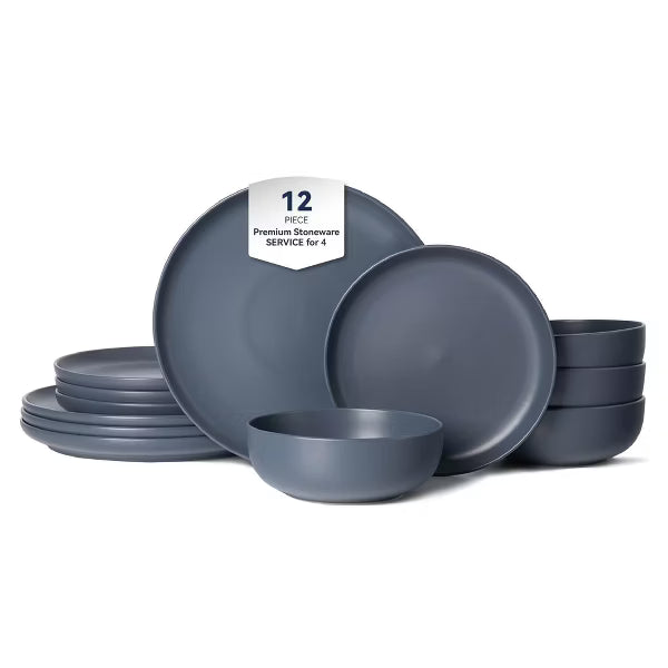 12-Piece Stoneware Dinnerware Set for 4, Includes Dinner Plates, Salad Plates and Bowls, Microwave and Dishwasher Safe，Slate Blue
