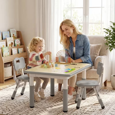 TODECARE Kids Table and Chair Set with Height Adjustable Table & Chairs, and Safe Design, Perfect for Play, Study, and Dining, Gray