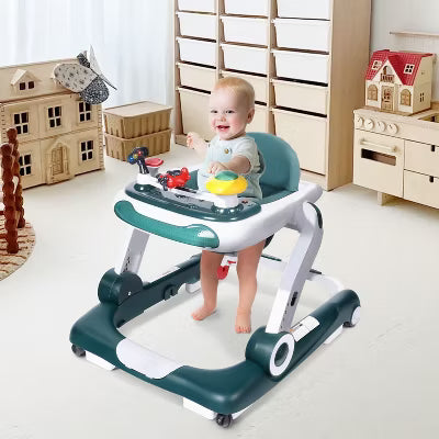 TODECARE 5-in-1 Baby Walker, Adjustable Height Activity Walker with Safety Bumper for Toddlers, Green