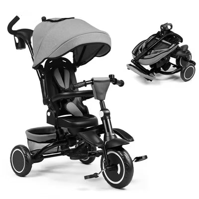TODECARE Kids Tricycle, 7-in-1 Folding Trike with Adjustable Push Handle, Canopy & 1-Step Brake, Gray