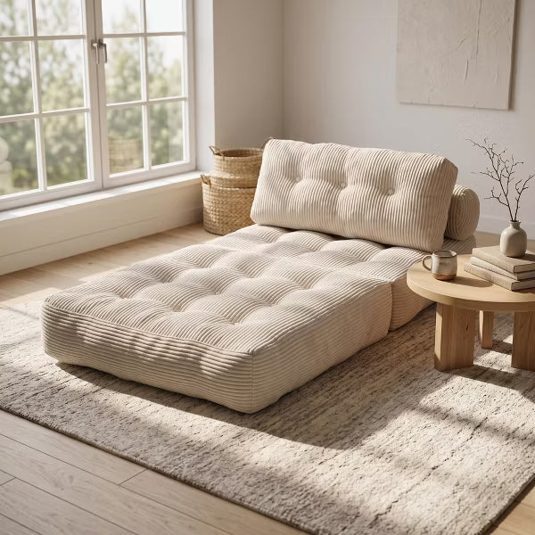 Convertible Corduroy Sofa Bed Folding Sleeper Chair Floor Lounge Couch with 2 Pillows for Dorm Small Spaces Studio Apartment Playroom, Oatmeal Cream