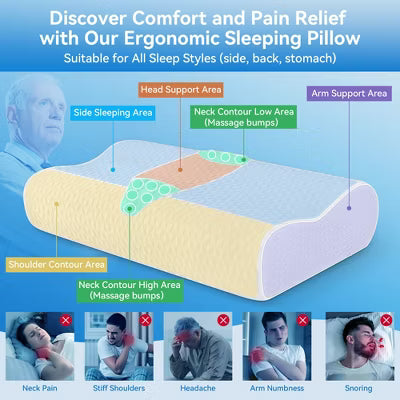 Zibroges Bed Pillow for Neck Pain Relief, Memory Foam Neck Pillow, Contour Cooling Pillow for Side Sleeper, Adjustable height pillow
