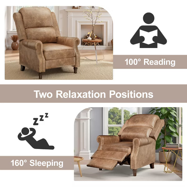 KERDOM Vintage PU Leather Recliner Chair,Adjustable Wingback Reclining Armchair,Ergonomic Single Sofa Chair for Living Room Bedroom,Camel brown