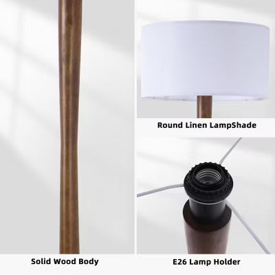 61" Modern Walnut Wood Column Floor Lamp with White Linen Drum Shade for Living Room, Bedroom, Office, Study, Hallway & Entryway