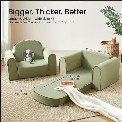 TODECARE 2-in-1 Kids Couch, Fold-Out Toddler Sofa Chair for Reading, Lounging & Playroom Use, Green