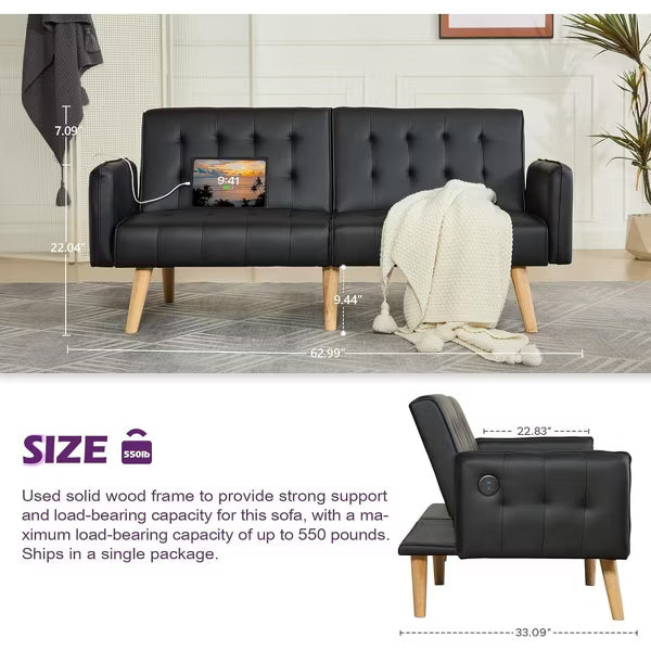 TYBOATLE 65" Convertible Faux Leather Futon Sofa Bed, Modern Upholstered Couch with USB, Folding Loveseat for Small Space, Apartment, Black