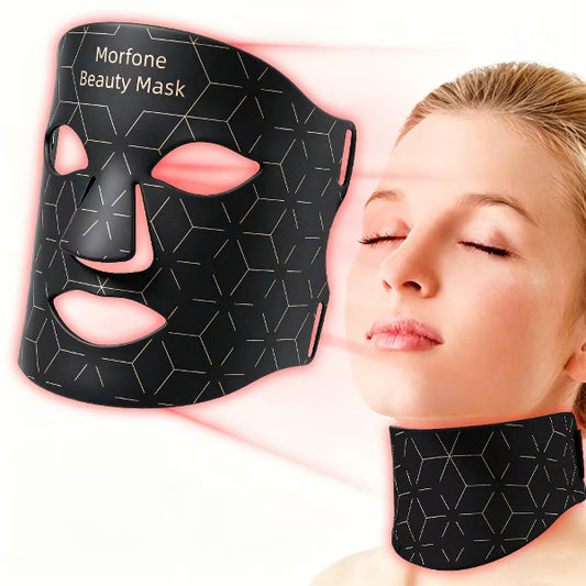Morfone 7 Color Face and Neck Silicone Red Light Therapy Mask Wireless Hands-Free Anti-Aging Beauty Device all black 11 inch
