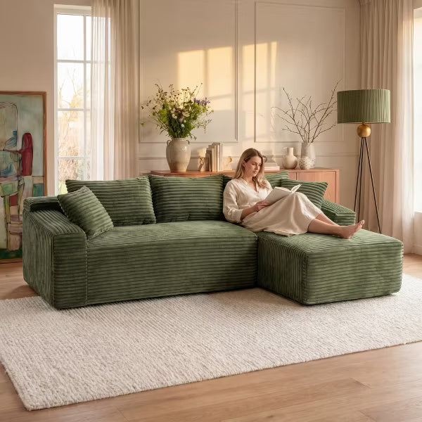 94.5" Cloud Modular Sectional Sofa with Right Facing Chaise, 4-Seater Jumbo Corduroy Couch for Living Room, Olive Green
