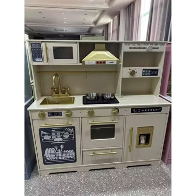 TODECARE Play Kitchen Set for Kids, Wooden Pretend Kitchen with Ice Maker, Coffee Maker, Refrigerator, Microwave, Dishwasher & Accessories, Beige