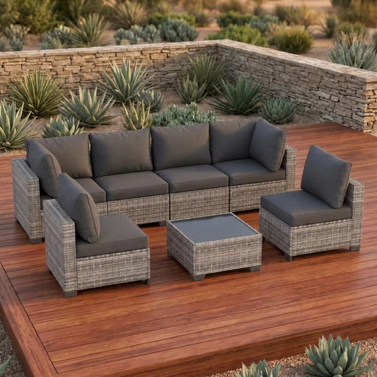 7 Pieces Wicker Outdoor Patio Furniture Set, Patio Sectional Sofa with Coffee Table, All-Weather Outdoor Sectional Furniture for Garden Backyard