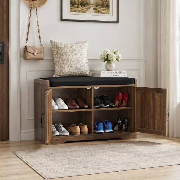 31.5″ Walnut Entryway Storage Bench with Cushioned Seat & Double Doors – Shoe Rack & Bench for Hallway, for Hallway and Entrance Areas