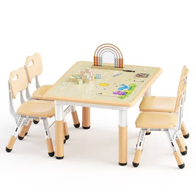 TODECARE Kids Table and 4 Chair Set with Height Adjustable Table & Chairs, and Safe Design, Perfect for Play, Study, and Dining, Beige
