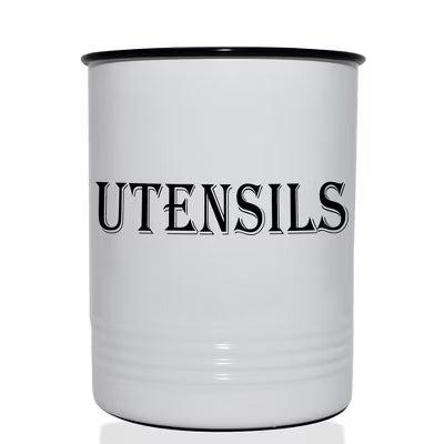 Vintage Farmhouse Utensil Holder Stylish Countertop Organizer and Kitchen Decor Caddy Stainless Steel Rim White