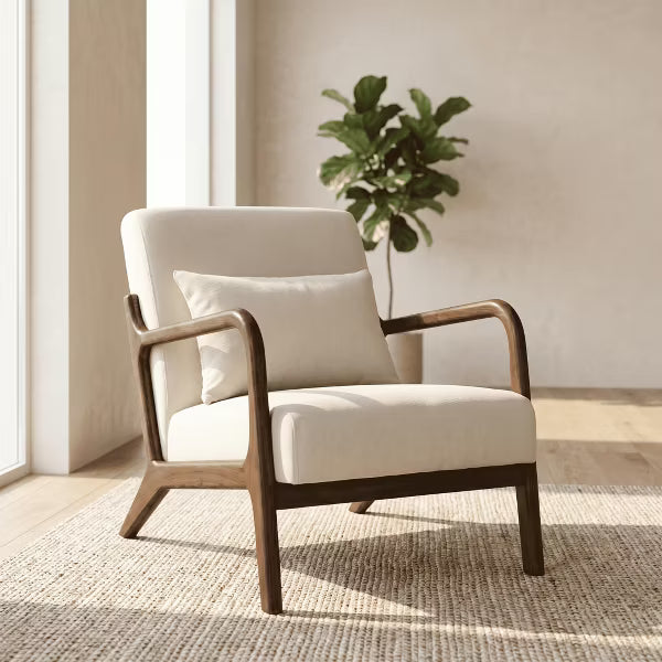 Mid Century Modern Accent Chair with Wood Frame, Upholstered Living Room Chairs with Waist Cushion, Reading Armchair for Bedroom Sunroom