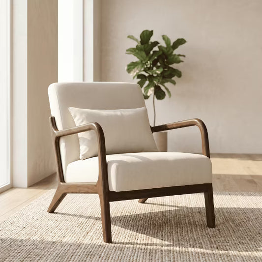 Mid Century Modern Accent Chair with Wood Frame, Upholstered Living Room Chairs with Waist Cushion, Reading Armchair for Bedroom Sunroom