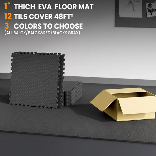 1 inch Thick 48 Sq Ft Rubber Mats,Top High Density EVA Foam ,12 Pcs ,Interlocking Puzzle Floor Tiles