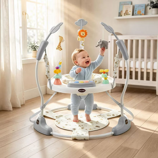 TODECARE 3-in-1 Baby Activity Jumper – 360 Rotating Seat, 3-Level Adjustable Height, Interactive Toys, Removable Foot Mat, Gray