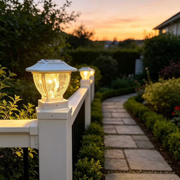 2 Pack Solar Glass Post Cap Lights, Dusk-to-Dawn 30 Lumens Warm White LED Outdoor Fence Deck Post Lighting, White Finish Fits 4x4/5x5/6x6 Posts