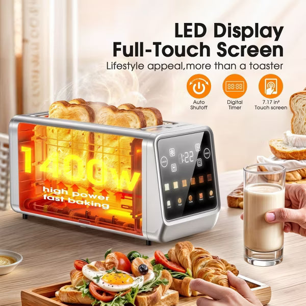 Teendow Touchscreen Toaster 4 Slice 1400W, Stainless Steel Smart Bread Toaster with 1.5" Wide, 5 Bread Modes, 6 Shade Settings