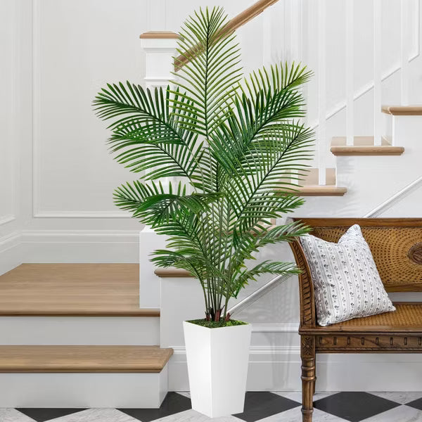 ROMSWI 5FT 6FT Artificial Palm Tree with White Planter, Lifelike Golden Cane Palm Tree, Tropical Fake Tree for Outdoor Indoor Decor 5FT