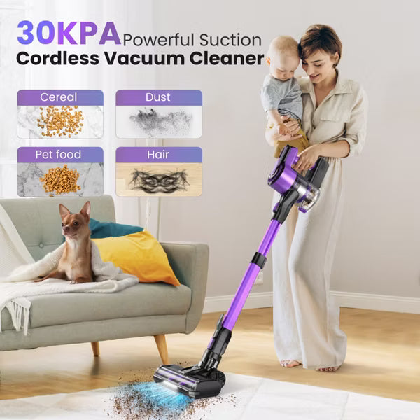 POWEART V870 Cordless Stick Vacuum, 30Kpa Powerful, 350W Motor, 8-in-1 Lightweight, 45 Min Runtime for Pet Hair, Hardfloor, Carpet Purple