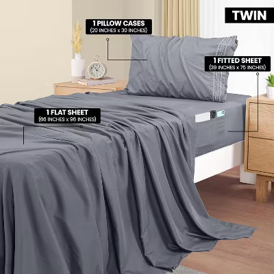 Hoey Twin Size 3-Piece Microfiber Sheet Set – Deep Pocket Bed Sheets with Embroidered Pillowcase (Gray)