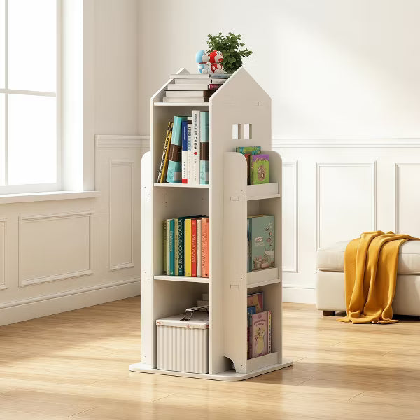 Kids 4-Tier Rotating Bookshelf, 360° Swivel Floor Bookcase & Toy Storage Organizer, Unpainted Nursery Furniture - Cloud White