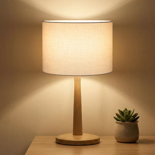 Solid Wood Tapered Base Table Lamp, UL Certified, with Beige Linen Shade and Dimmer Switch for Nightstand & Entryway Decor