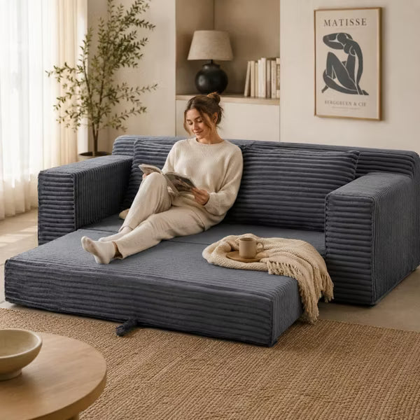 73" Corduroy Convertible Sofa Bed, 2-in-1 Pull-Out Cloud Couch with Memory Foam, Side Pockets for Living Room, Bedroom, Apartment