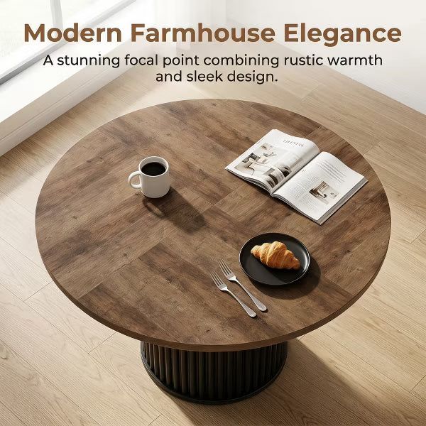 47" Farmhouse Round Dining Table, Rustic Wood Kitchen Table with Modern Black Fluted Pedestal Base for 6 for Dining Room, Walnut
