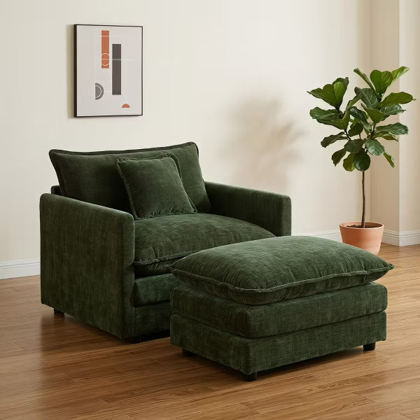 Comfy Deep Single Seat Chenille Sofa with Movable Ottoman, Modern Upholstered Reading Accent Chair & Footstool Set, Dark Green