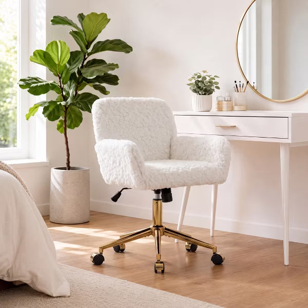 Faux Fur Vanity Chair, Adjustable Swivel Home Office Chair with Colorful Wheels and Metal Base, Cute Makeup Chair for College Dorm Essentials