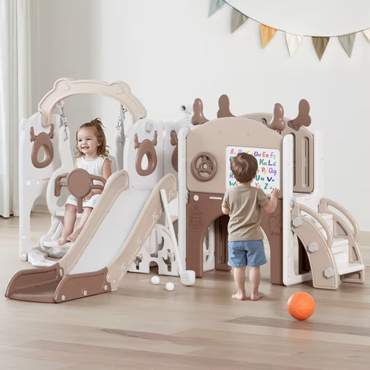 12-in-1 Toddler Slide Playset Indoor & Outdoor Kids Slide with Basketball Hoop, Golf & Drawing Board (Beige & Rosy Brown, 54x62x39 in